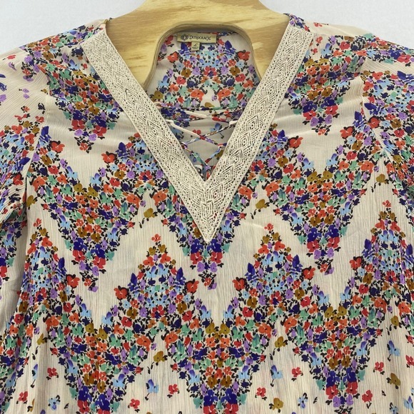 Democracy Tops - Democracy Floral Blouse Lace Up V Neck‎ 3/4 Sleeve Multicolor Top Size L